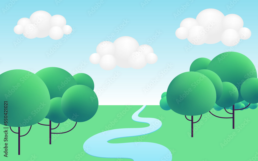 3d realistic green cartoon panorama summer landscape background with green hills, river, trees, clouds, on blue sky. Nature environment horizon composition. Vector illustration.