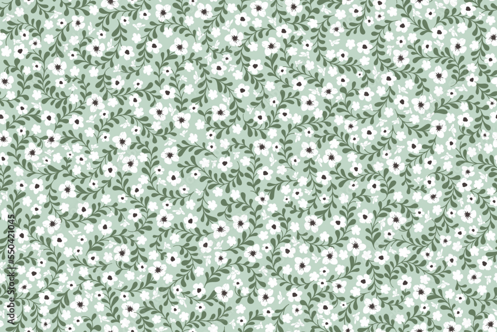 Spring bouquet. Floral seamless background for fancy prints. Elegant floral pattern of small white flowers. Liberty Style. Ditsy print. Vector texture. 