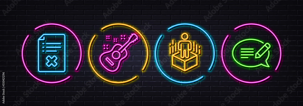 Guitar, Reject file and Augmented reality minimal line icons. Neon laser 3d lights. Message icons. For web, application, printing. Acoustic instrument, Decline agreement, Virtual reality. Vector