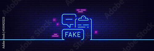 Neon light glow effect. Fake document line icon. Propaganda conspiracy clipboard sign. Wrong truth symbol. 3d line neon glow icon. Brick wall banner. Fake document outline. Vector