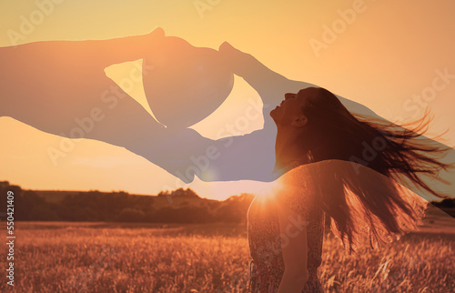 Sticker Joyful happy beautiful woman looking up to the sky with love, hope and compassion in her heart