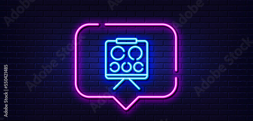 Neon light speech bubble. Vision board line icon. Oculist eye clinic sign. Optometry symbol. Neon light background. Vision board glow line. Brick wall banner. Vector