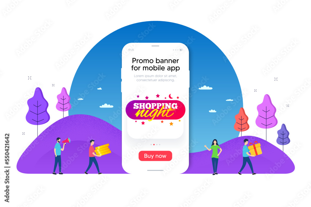 Fototapeta premium Shopping night banner. Phone ui interface banner. Discount sticker shape. Hot offer icon. Mobile smartphone promo banner. Shopping night tag. Man with gift box. Vector
