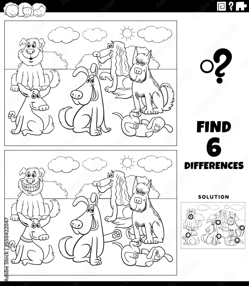 differences game with cartoon dogs coloring page