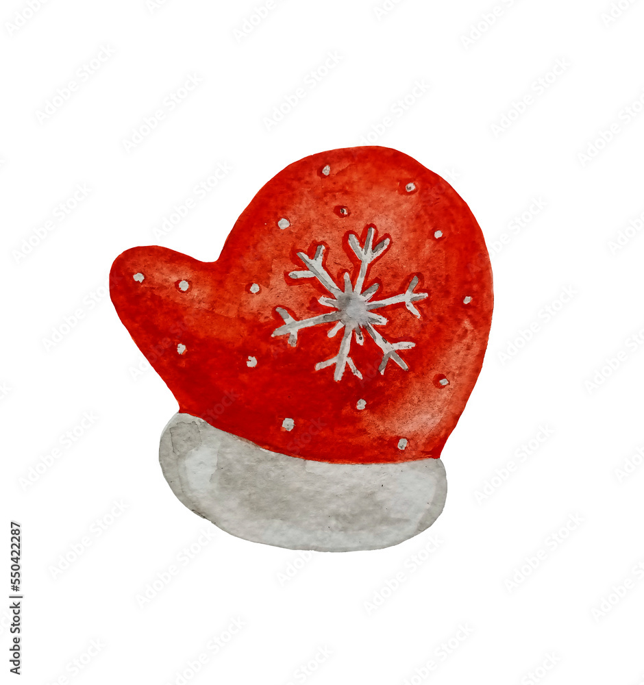 Watercolor Christmas red gingerbread mitten cookies isolated on white background. Winter homemade sweet biscuit in shape of cute mitten with snowflake and glazed decoration.
