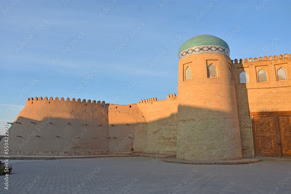 Fortress wall and tower in the ancient city of Uzbekistan Khiva (Xiva)in Kharezm