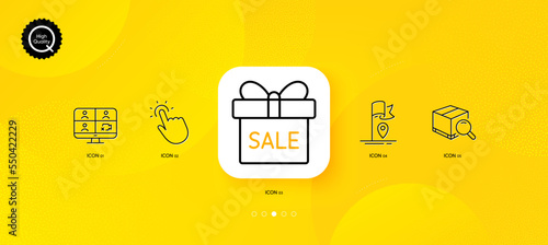 Search package, Flag and Sale offer minimal line icons. Yellow abstract background. Touchpoint, Video conference icons. For web, application, printing. Vector