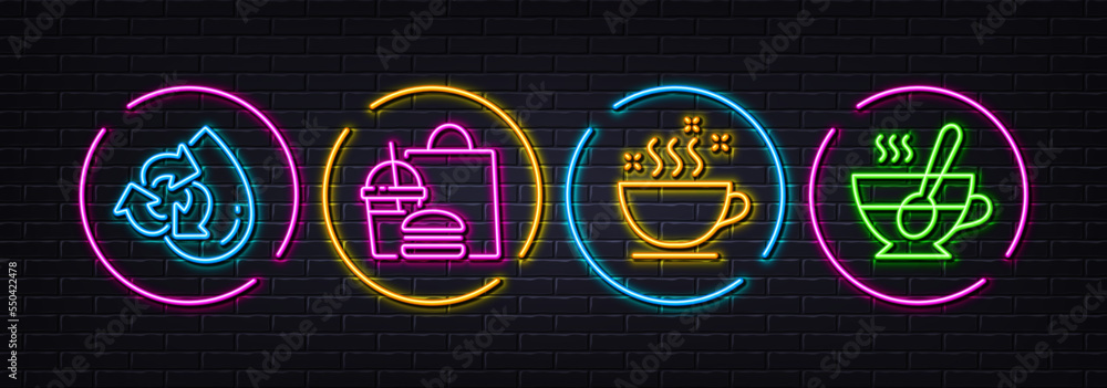 Fast food, Coffee cup and Recycle water minimal line icons. Neon laser 3d lights. Tea cup icons. For web, application, printing. Meal order, Hot drink, Refill aqua. Coffee with spoon. Vector