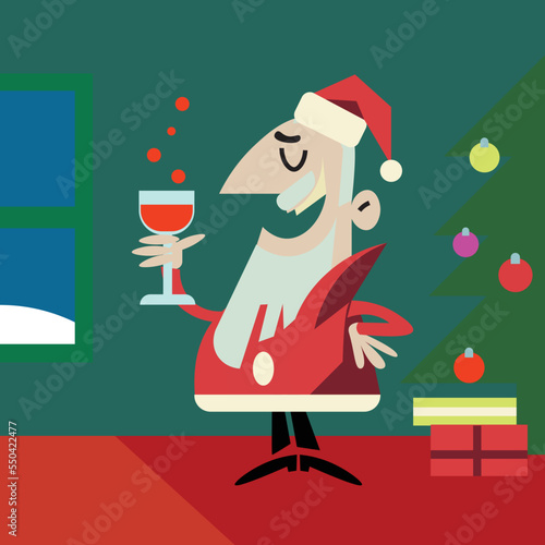 Vintage mid century modern style cartoon santa claus holding a glass of champagne in his hands, drink cocktail, flat character design