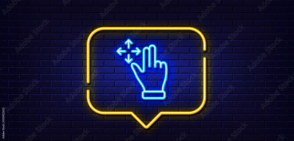 Neon light speech bubble. Move gesture line icon. Slide arrow sign. Swipe action symbol. Neon light background. Move gesture glow line. Brick wall banner. Vector Neon light speech bubble. Move gesture line icon. Slide arrow sign. Swipe action symbol. Neon light background. Move gesture glow line. Brick wall banner. Vector