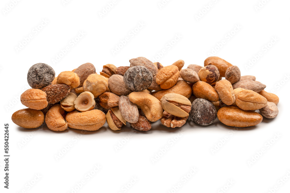A group of almonds, pistachios, walnuts, macadamia, cashews. A group of almonds, pistachios, walnuts, macadamia, cashews.