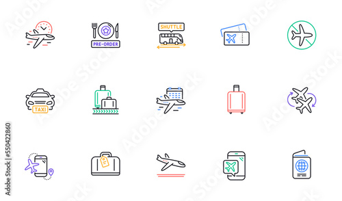 Airport line icons set. Boarding pass, Baggage claim, Arrival. Connecting flight, tickets, pre-order food icons. Passport control, airport baggage carousel, flight mode. Vector