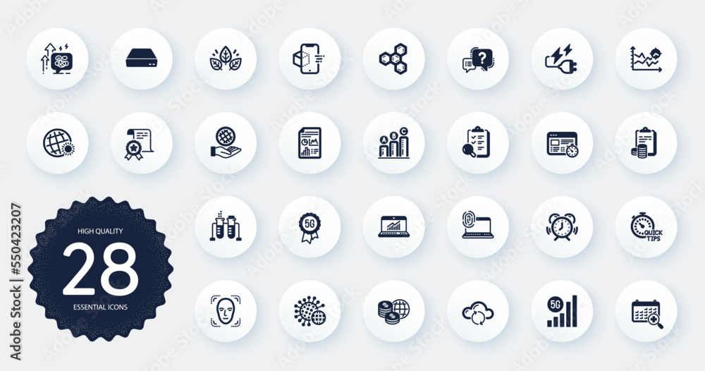 Set of Science icons, such as Chemistry beaker, Inspect and Augmented reality flat icons. Organic tested, 5g wifi, Quick tips web elements. Time management, Certificate. Circle buttons. Vector Set of Science icons, such as Chemistry beaker, Inspect and Augmented reality flat icons. Organic tested, 5g wifi, Quick tips web elements. Time management, Certificate. Circle buttons. Vector
