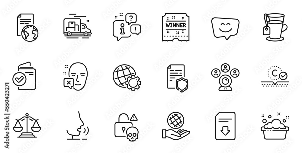 Outline set of Download file, Hand washing and Tea line icons for web application. Talk, information, delivery truck outline icon. Vector Outline set of Download file, Hand washing and Tea line icons for web application. Talk, information, delivery truck outline icon. Vector