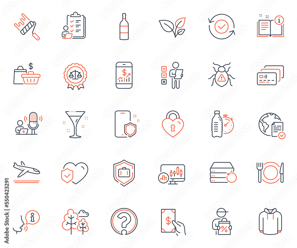 Business icons set. Included icon as Justice scales, Manual and Hoody web elements. Arrivals plane, Software bug, Paint roller icons. Checklist, Life insurance, Tree web signs. Vector Business icons set. Included icon as Justice scales, Manual and Hoody web elements. Arrivals plane, Software bug, Paint roller icons. Checklist, Life insurance, Tree web signs. Vector