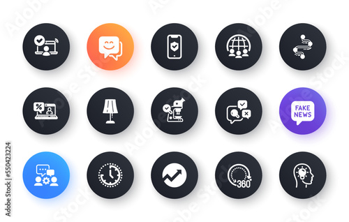 Minimal set of Time, Table lamp and Fake news flat icons for web development. Timeline, Phone protection, Audit icons. Online access, Microscope, Inspect web elements. 360 degrees. Vector