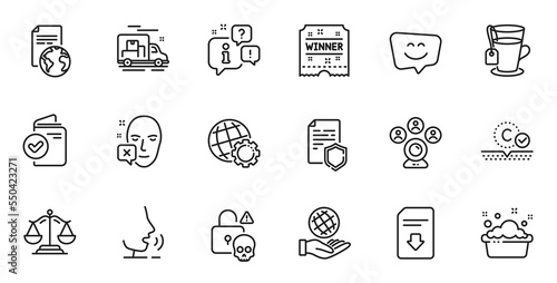 Outline set of Download file, Hand washing and Tea line icons for web application. Talk, information, delivery truck outline icon. Vector