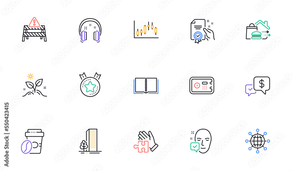 Safe box, Candlestick graph and Buildings line icons for website, printing. Collection of Grow plant, Face accepted, Puzzle icons. Food delivery, Certificate, International globe web elements. Vector