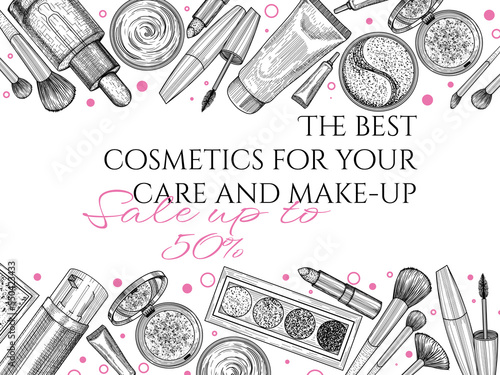Vector banner template with discounts for skincare and make-up cosmetics in engraving style. Linear cream, patches, serum, shadows, mascara, lipstick, blush, brushes, powder