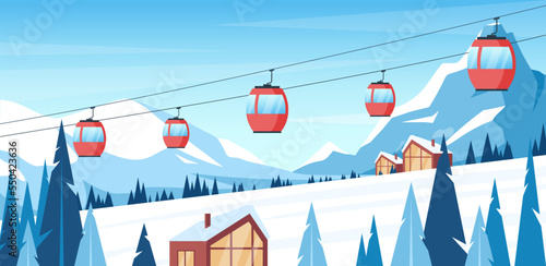 Winter mountain landscape. Vector illustration of ski resort with snowy hill, slope, hotels, ski lift. Outdoor holiday activity in Alps. Winter sport. Skiing and snowboarding. Active vacation weekend