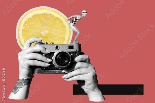 Digital collage with female hands holding vintage film camera, woman in swim suit and slice of a lemon	 photo