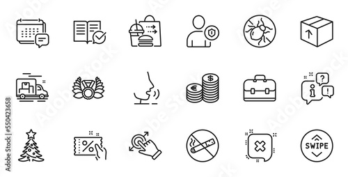 Outline set of Bed bugs, Security and Package line icons for web application. Talk, information, delivery truck outline icon. Include Message, Swipe up, Discount coupon icons. Vector