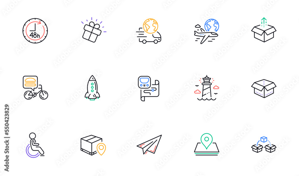 48 hours, Parcel shipping and Paper plane line icons for website, printing. Collection of Lighthouse, Disability, International flight icons. Pin, Open box, Send box web elements. Vector 48 hours, Parcel shipping and Paper plane line icons for website, printing. Collection of Lighthouse, Disability, International flight icons. Pin, Open box, Send box web elements. Vector