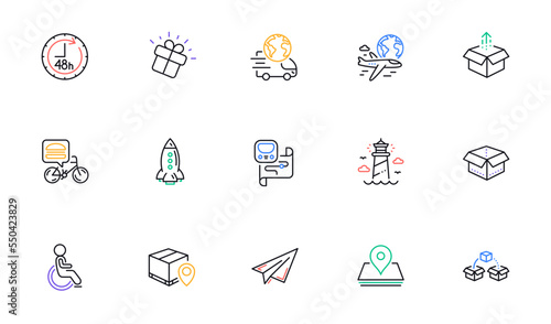 48 hours, Parcel shipping and Paper plane line icons for website, printing. Collection of Lighthouse, Disability, International flight icons. Pin, Open box, Send box web elements. Vector