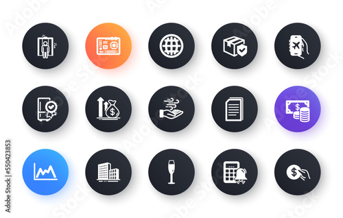 Minimal set of Calculator alarm, Budget and Certified refrigerator flat icons for web development. Coins banknote, Copy files, Flight mode icons. Wind energy, Motherboard, Diagram web elements. Vector