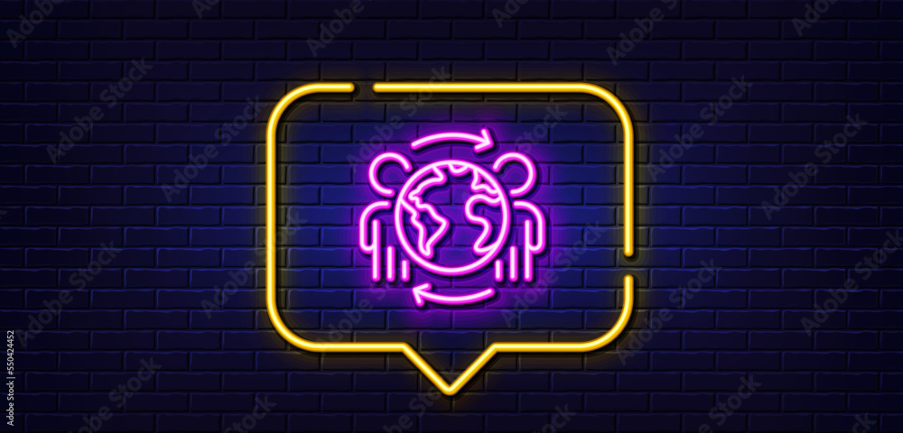 Neon light speech bubble. Global business line icon. International outsourcing sign. Internet marketing symbol. Neon light background. Global business glow line. Brick wall banner. Vector Neon light speech bubble. Global business line icon. International outsourcing sign. Internet marketing symbol. Neon light background. Global business glow line. Brick wall banner. Vector