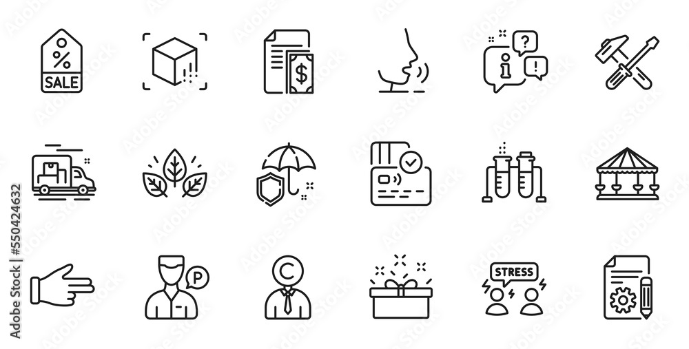 Outline set of Valet servant, Chemistry beaker and Click hand line icons for web application. Talk, information, delivery truck outline icon. Vector