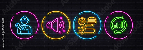 Food delivery, Loud sound and Repairman minimal line icons. Neon laser 3d lights. Update data icons. For web, application, printing. Order timer, Music, Repair service. Sales chart. Vector