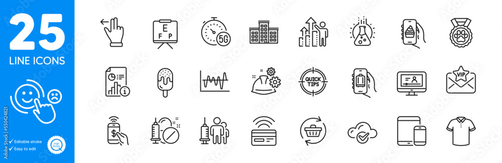 Outline icons set. Ice cream, Mobile devices and 5g internet icons. Touchscreen gesture, Baggage app, Contactless payment web elements. Online video, Vip mail, Medical vaccination signs. Vector Outline icons set. Ice cream, Mobile devices and 5g internet icons. Touchscreen gesture, Baggage app, Contactless payment web elements. Online video, Vip mail, Medical vaccination signs. Vector