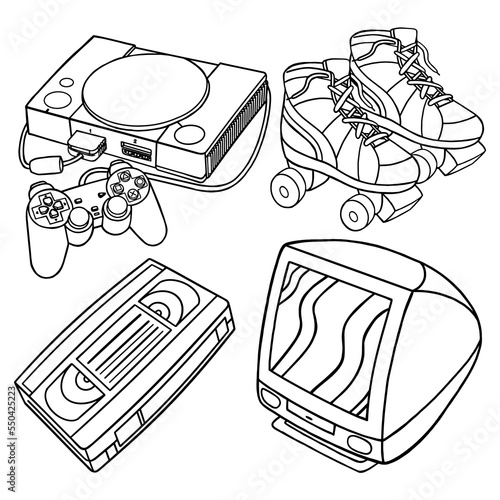 Set vector outline illustration of 90's vibes for coloring book