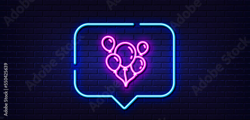 Neon light speech bubble. Balloons line icon. Amusement park or birthday party sign. Neon light background. Balloons glow line. Brick wall banner. Vector