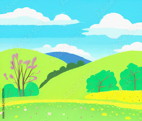 Digital painting beautiful nature landscape  eco green trees  peaceful sky. Graphic design background for banners and prints  web backdrop illustration. Minimalist art.