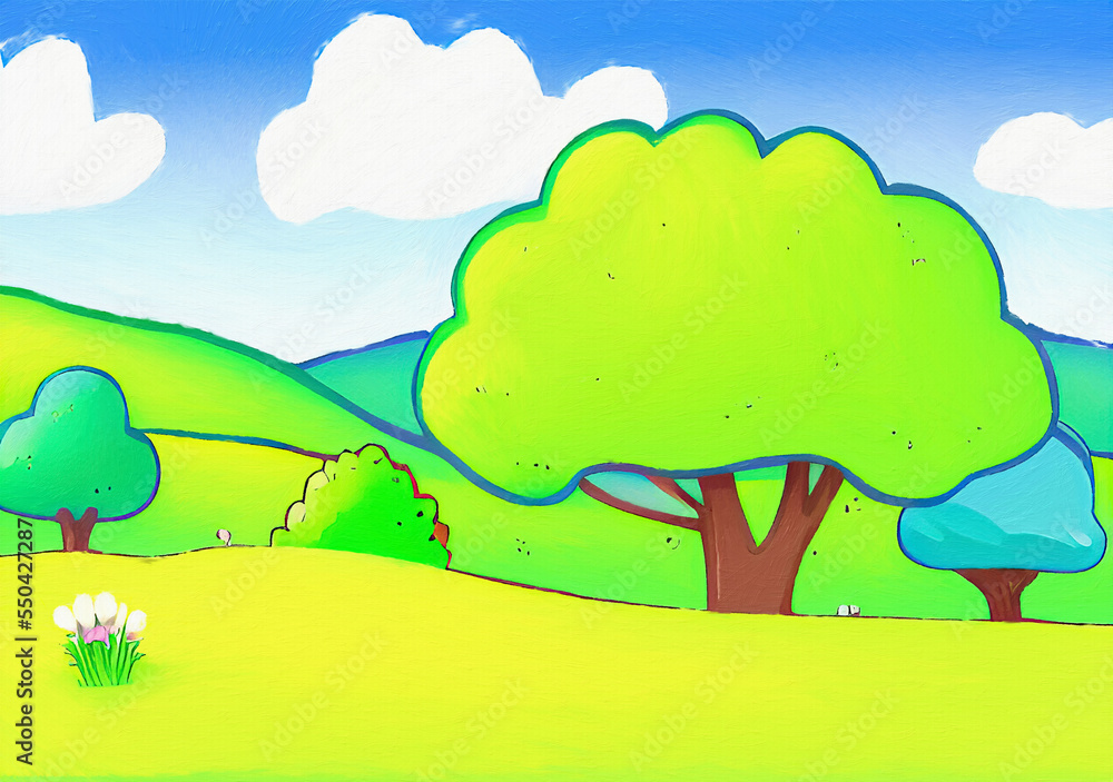Obraz premium Digital painting beautiful nature landscape, eco green trees, peaceful sky. Graphic design background for banners and prints, web backdrop illustration. Minimalist art.