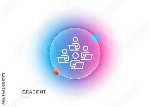 Teamwork line icon. Gradient blur button with glassmorphism. Remote office sign. Team employees symbol. Transparent glass design. Teamwork line icon. Vector © blankstock