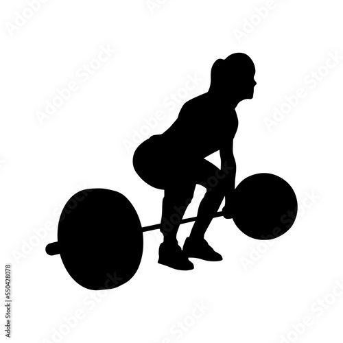 Vector weightlifting person silhouette shadow shape, flat black emblem isolated on white backround. Sportive competition logo design element. Sportswoman lifting the barbell, sport game tournament.