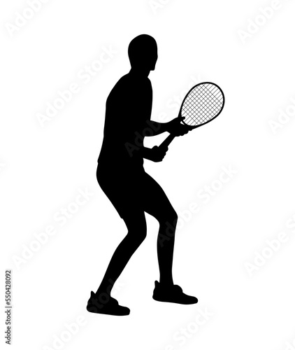 Human body silhouette with tennis racket. Vector simple shadow shape emblem, flat black icon isolated on white backround. Logo design element. Sportive man, playing sport game. © Iulia