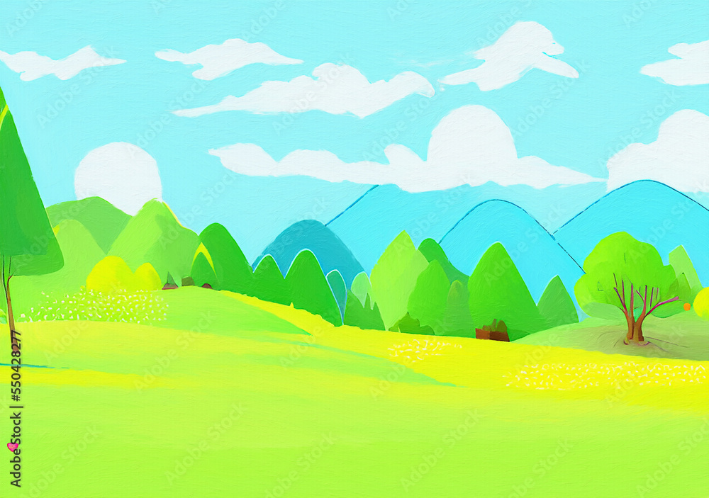 Digital painting beautiful nature landscape, eco green trees, peaceful sky. Graphic design background for banners and prints, web backdrop illustration. Minimalist art.