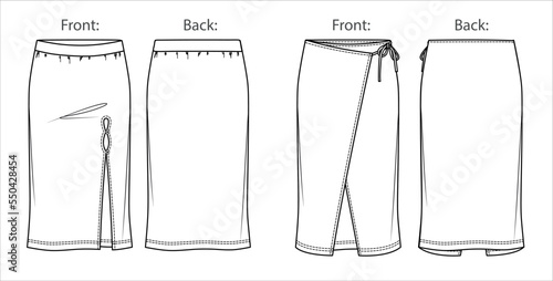 Vector midi skirt with loop detail fashion CAD, woman jersey or woven fabric  wrapped long skirt with bow technical drawing, flat, sketch, template, mock up. 2 pieces set, front back view, white color