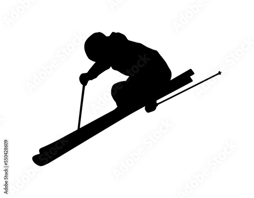 Vector simple skiing person silhouette shadow shape, flat black icon isolated on white backround. Logo emblem design element. Winter sport game and leisure activity.