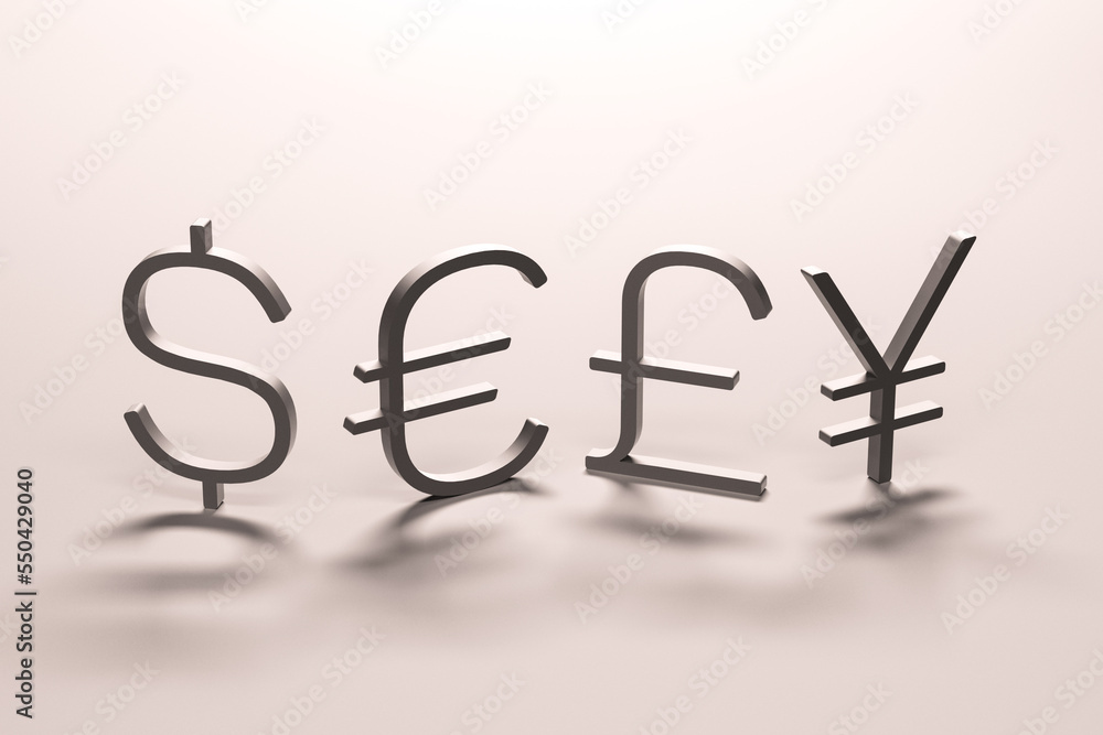 Euro dollar yen and pound symbols.Euro, yen, dollar and pound sign. 3D
