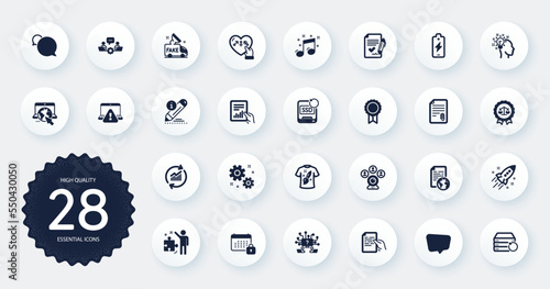 Set of Education icons, such as Recovery server, Messenger and Document flat icons. Justice scales, Chat message, Fake news web elements. Attachment, Approved agreement, Update data signs. Vector