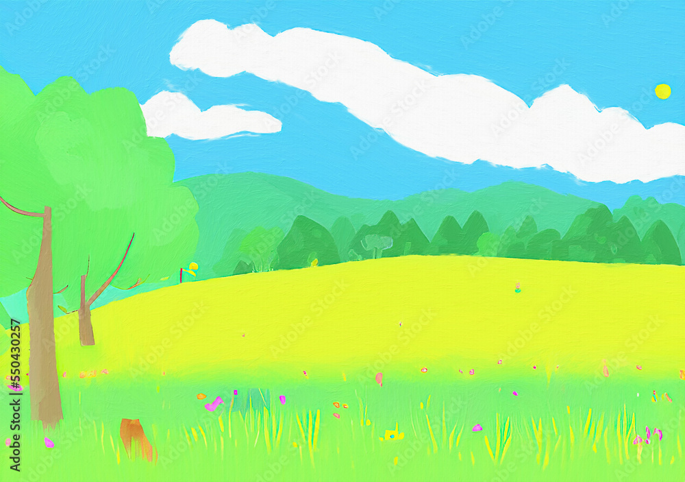Digital painting beautiful nature landscape, eco green trees, peaceful sky. Graphic design background for banners and prints, web backdrop illustration. Minimalist art.