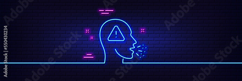 Neon light glow effect. Cough line icon. Coronavirus symptom sign. Flu, sneeze or pneumonie symbol. 3d line neon glow icon. Brick wall banner. Cough outline. Vector