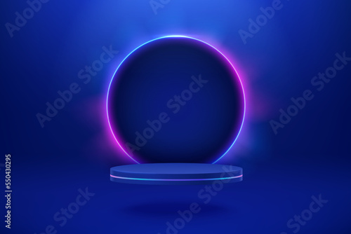 Empty podium with line gradient neon ring. Sci-fi abstract scene with pink and blue neon glowing frame and dark portal. Mockup scene. Geometry futuristic platform