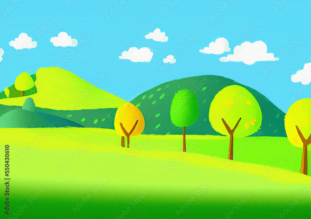 Fototapeta premium Digital painting illustration of spring or summer beautiful landscape. Rural motifs, ecology, nature.