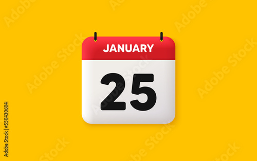 Calendar date 3d icon. 25th day of the month icon. Event schedule date. Meeting appointment time. Agenda plan, January month schedule 3d calendar and Time planner. 25th day day reminder. Vector
